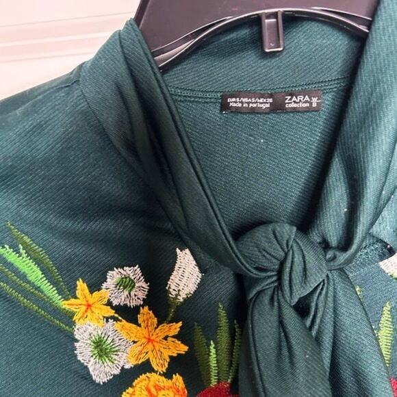 Zara Tunic Long Sleeve Empire Waist Green Floral Embroidered Ribbon Collar Size - Picture 7 of 10